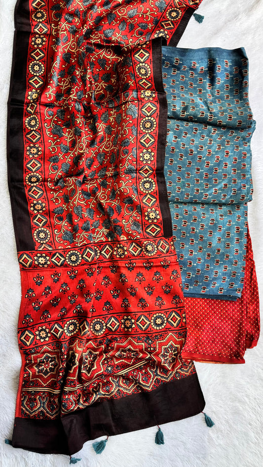 Blue Kamal Buti Motif Mashru 3 pc Suit Set with Ajrakh Mashru Tasseled Silk Stole