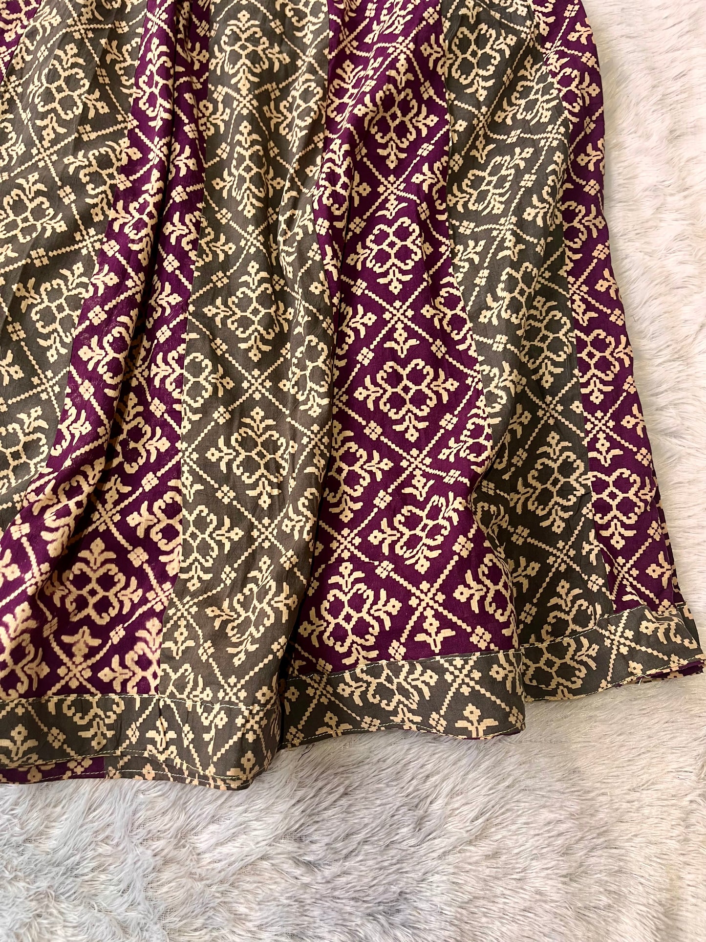 Purple and Green Geometric Jaal Motif Ajrakh Pure Cotton Long Flared Skirt