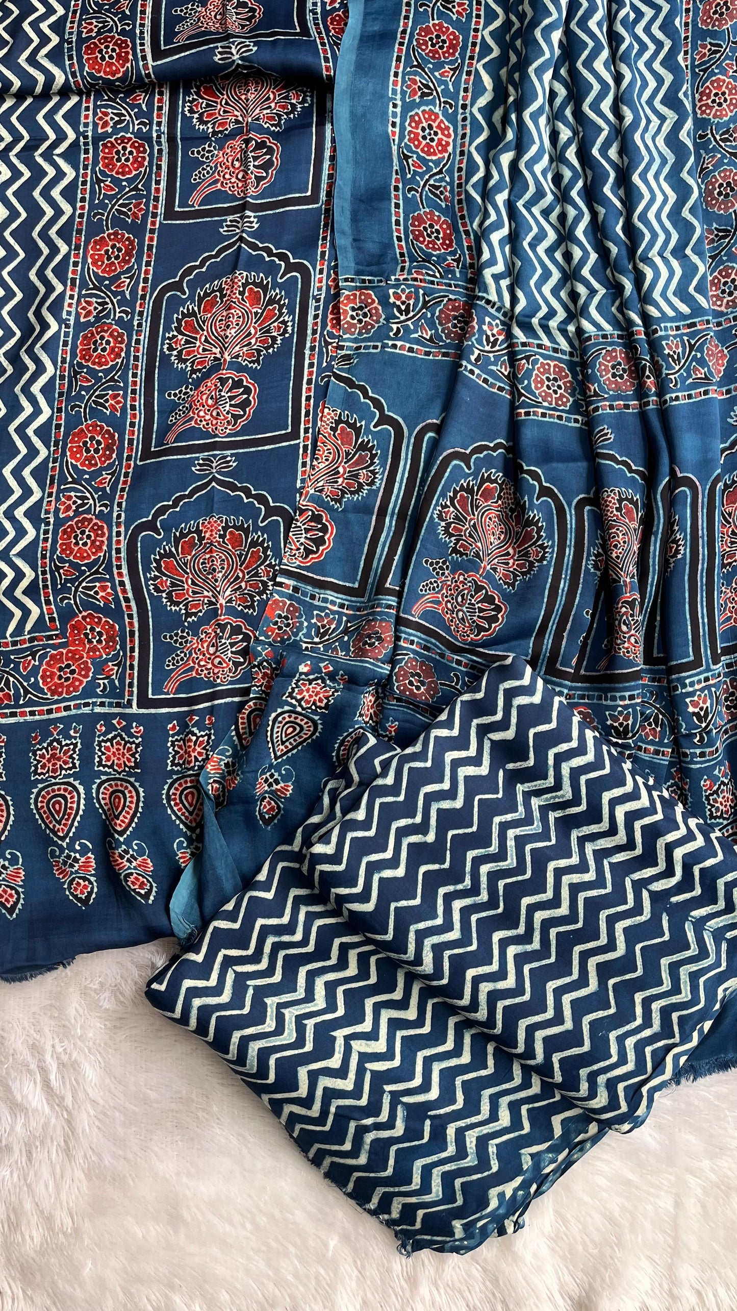 Indigo Blue Panel Motif Modal Silk Hand Block Print 3 Piece Suit Material Set