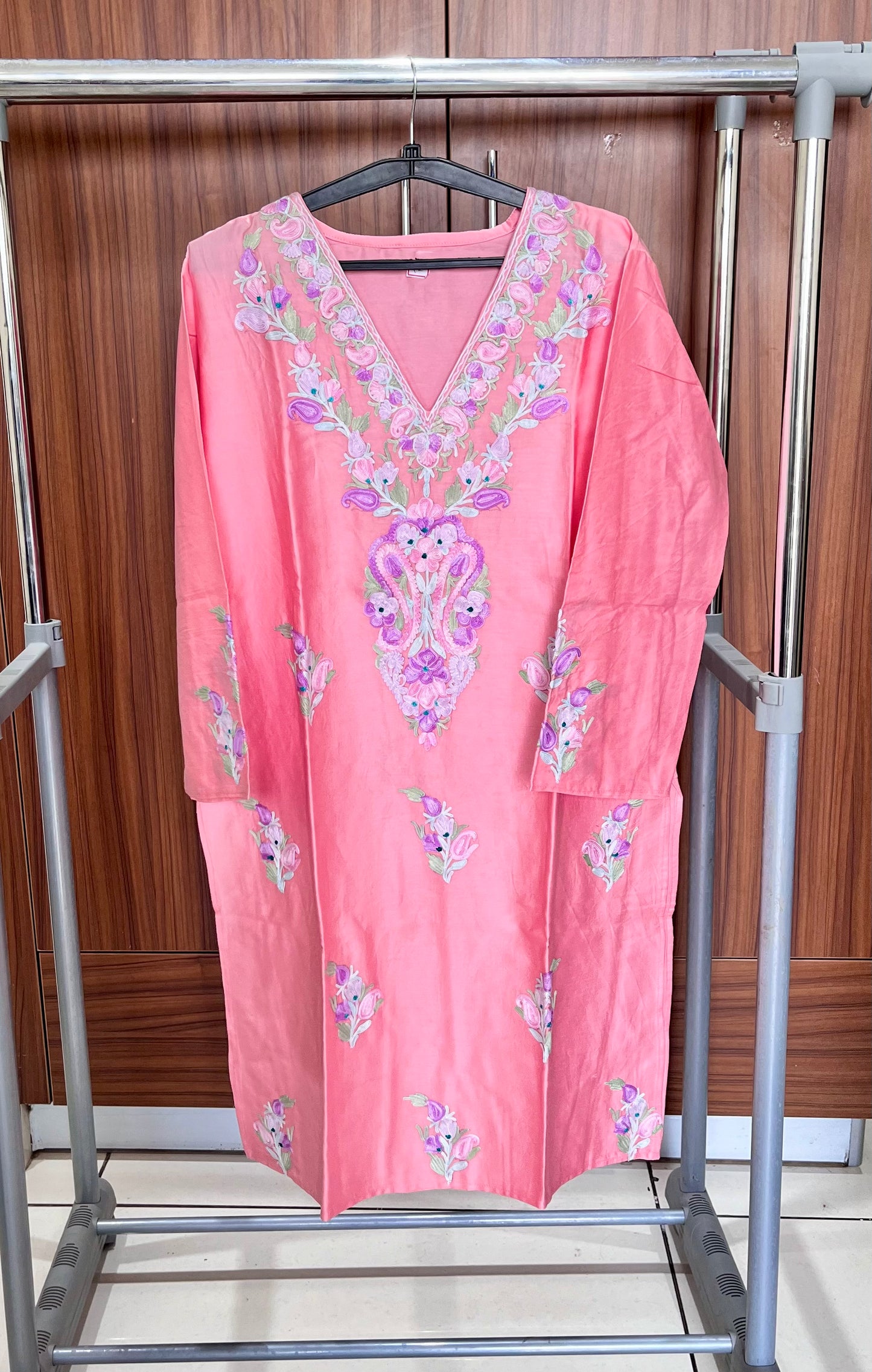 Peach Pink Shade Floral Kashmiri Aari Work V Neck Cotton Kurti