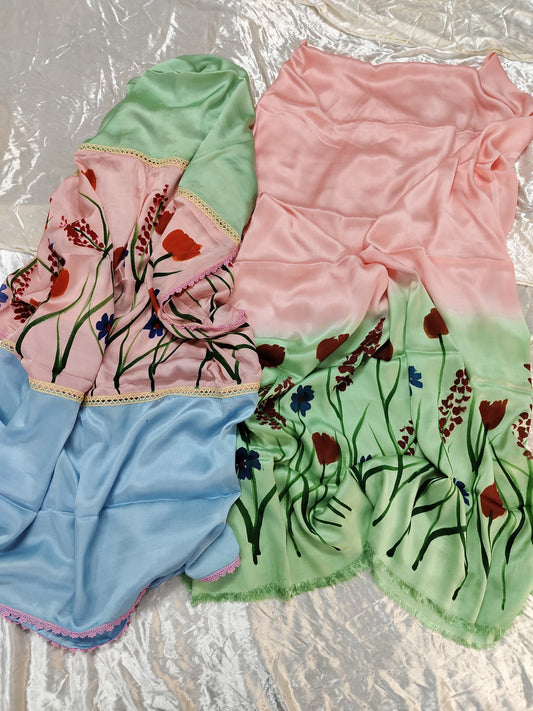 Ombre Shade Flower Motif Hand Painted 2 Piece Suit Material with Modal Silk Dupatta