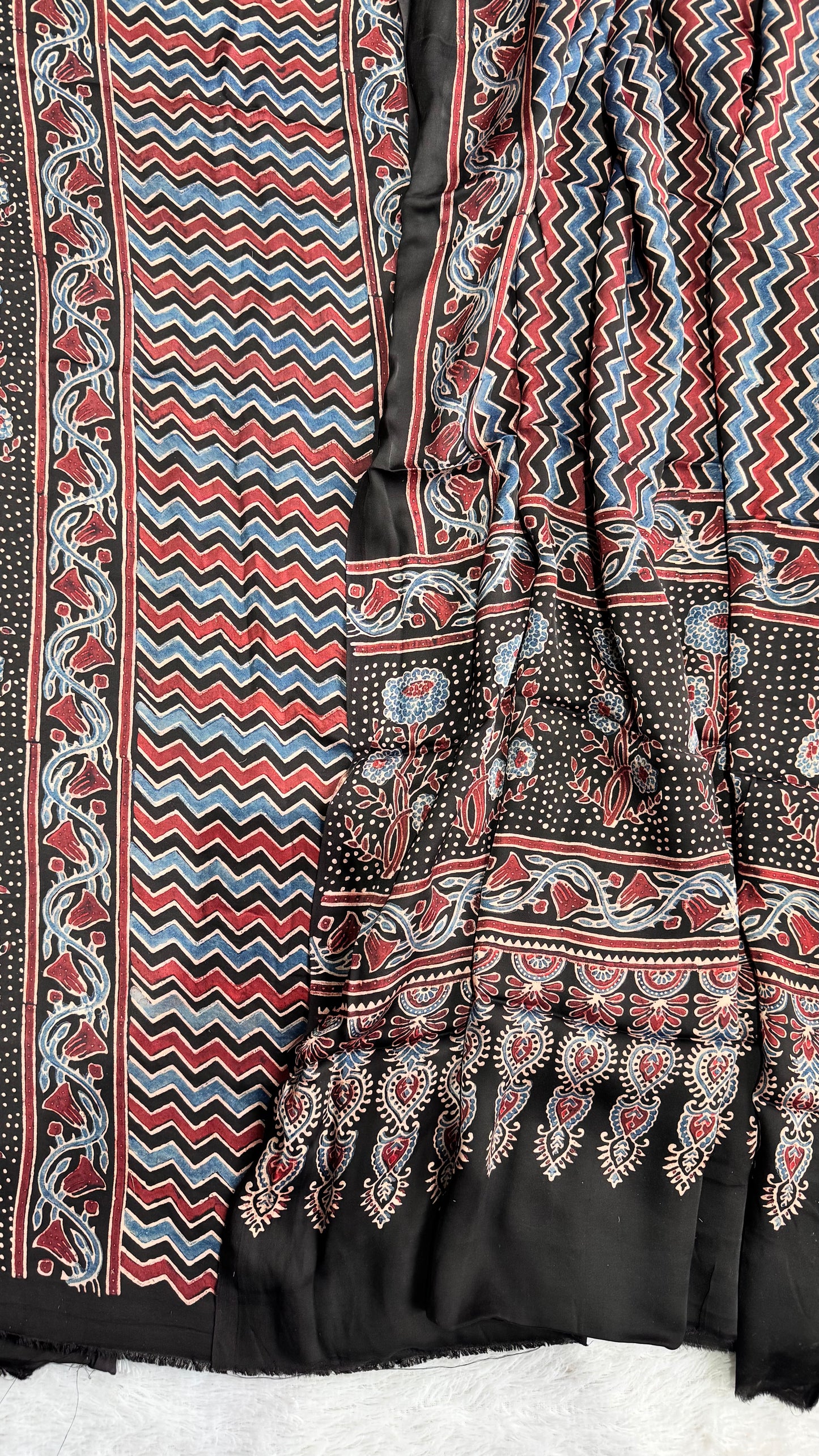 Black Zigzag and Mugal Motif Modal Silk Hand Block Print 2pc Suit Material Set