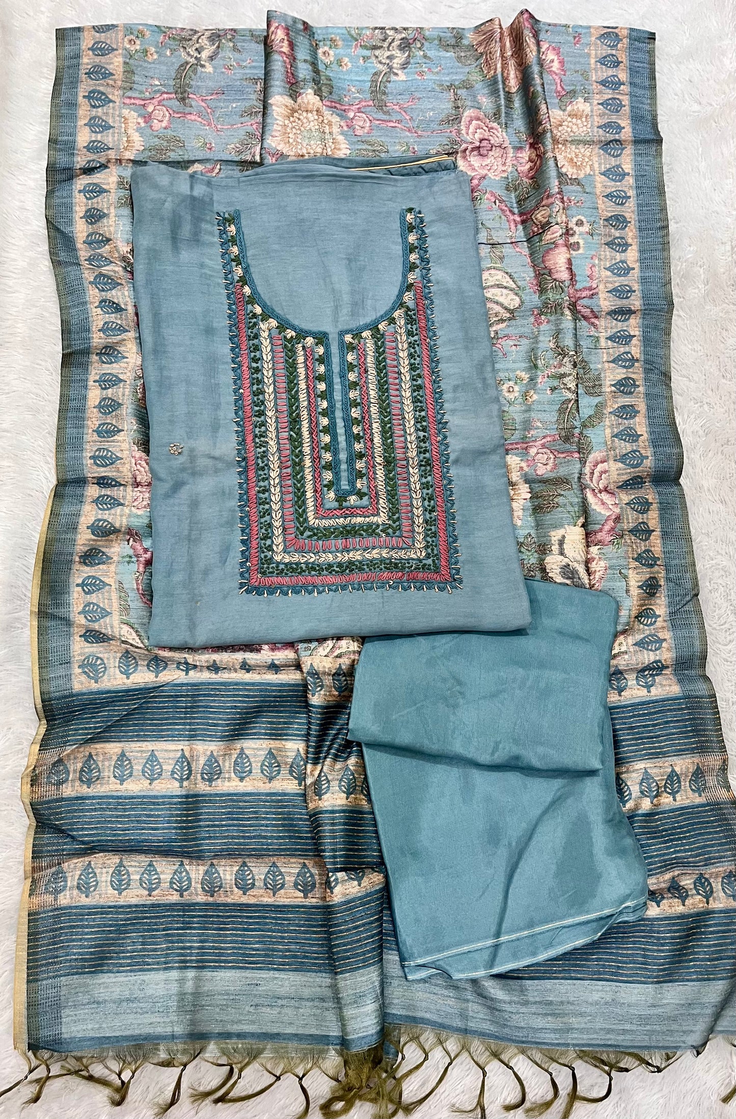 Light Blue Linen Unstitched 3 pc Suit Set with Hand Embroidery on Yoke and Raw Silk Digital Print Dupatta