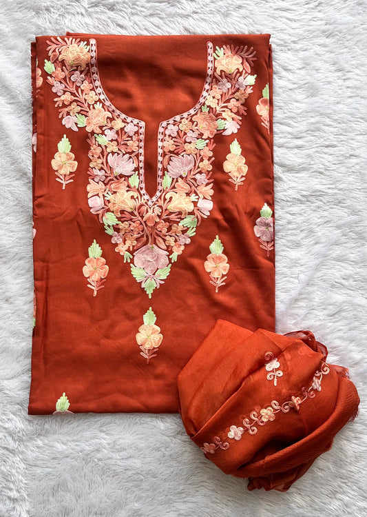 Rust Orange Shade Muslin Cotton Kashmiri Aari Full Embroidered 3pc Suit Set