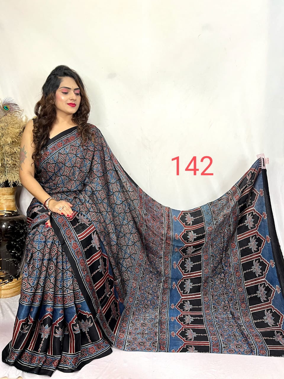 Blue and Black Teen Kaam Tree Boota Ajrakh Hand Block Modal Silk Saree With Blouse