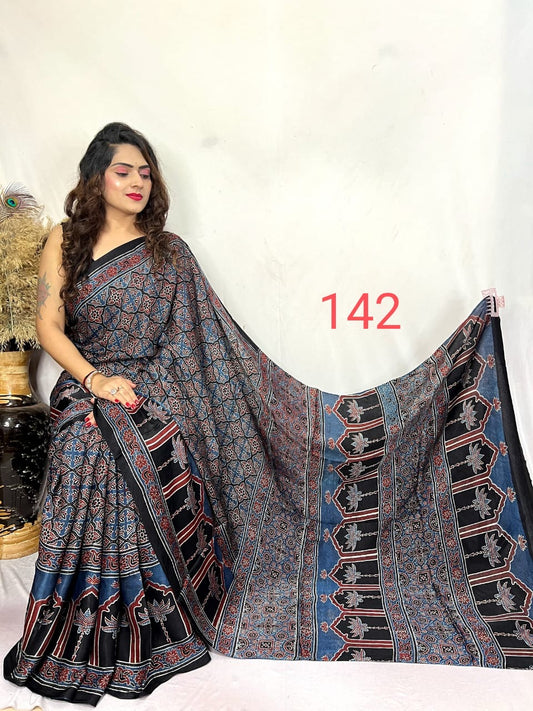 Blue and Black Teen Kaam Tree Boota Ajrakh Hand Block Modal Silk Saree With Blouse