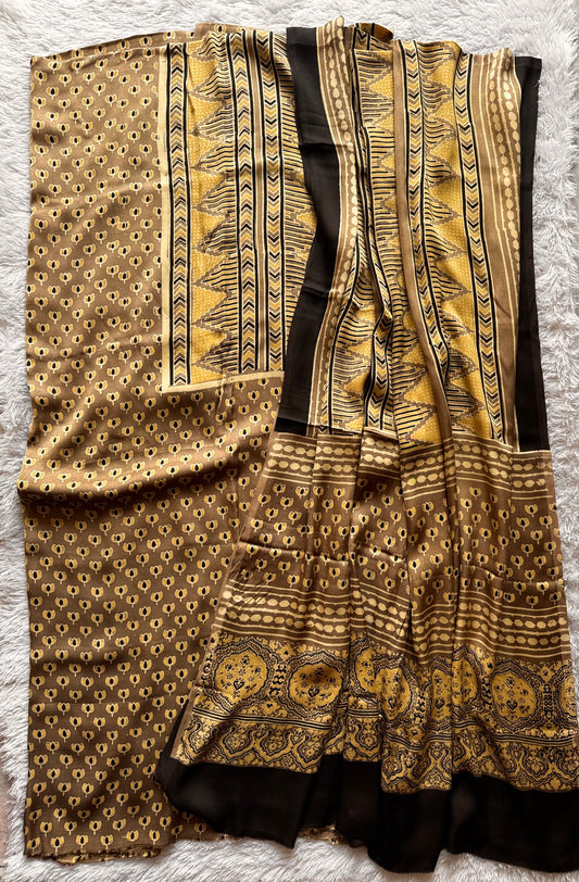 Earthy Beige Kamal Print Modal Silk Ajrakh Natural Dyed Hand Block Print 2pc Suit Material Set