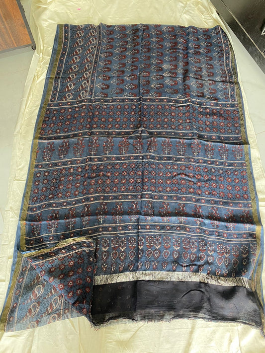 Blue Paisley Motif Ajrakh Handblock Printed Kota Saree with Zari Border and Tassels