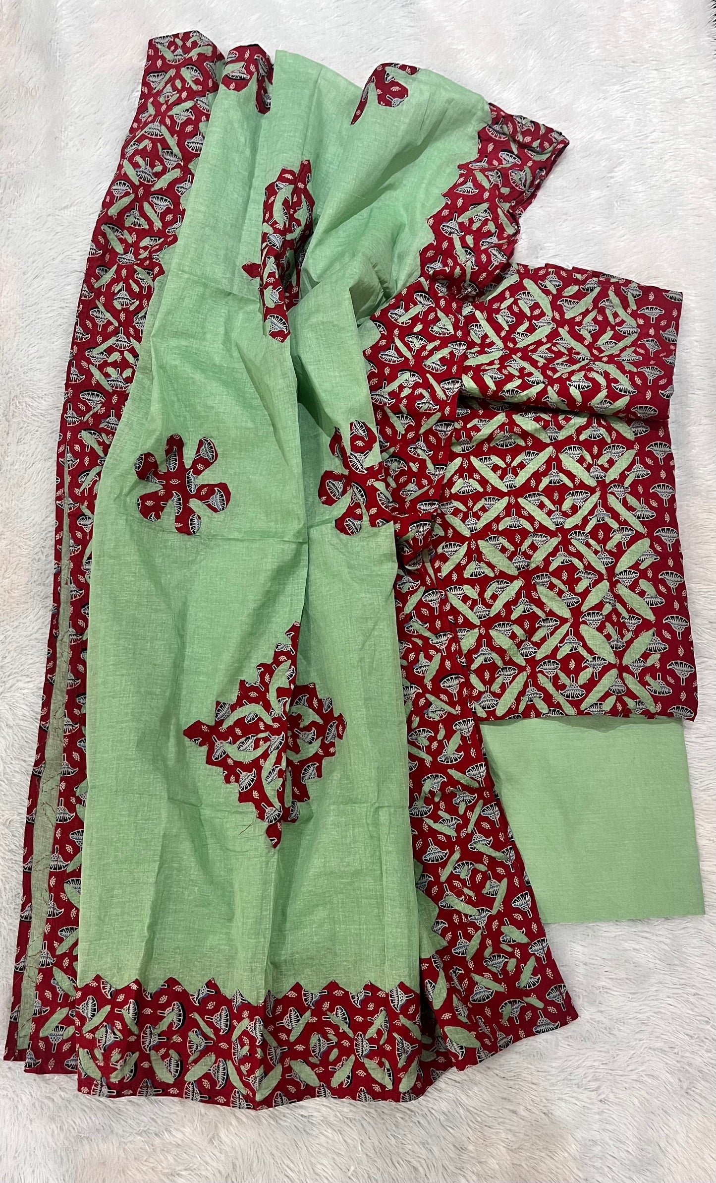 Pista Green and Red Ajrakh Applique Pure Cotton Unstitched Suit Set with Arcandi Cotton Dupatta