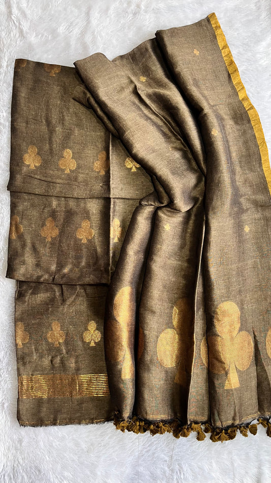 Chocolate Paan Buta Pure Jayshree Linen with Jamdani Hand Woven Daman 2 pc Suit Set
