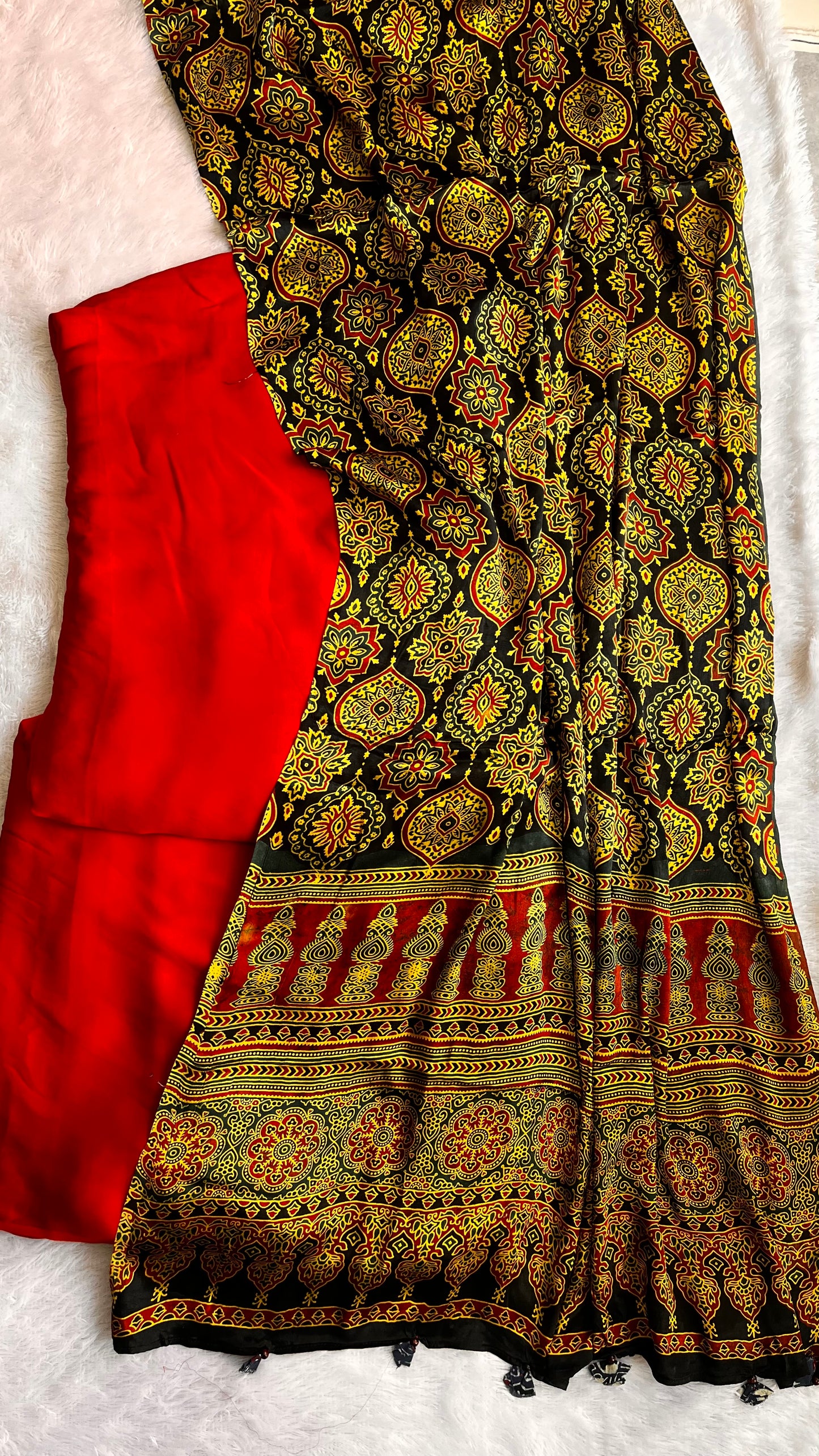 Red and Green Modal Silk Ajrakh Hand Block 2 pc Suit Set with Ajrakh Dupatta