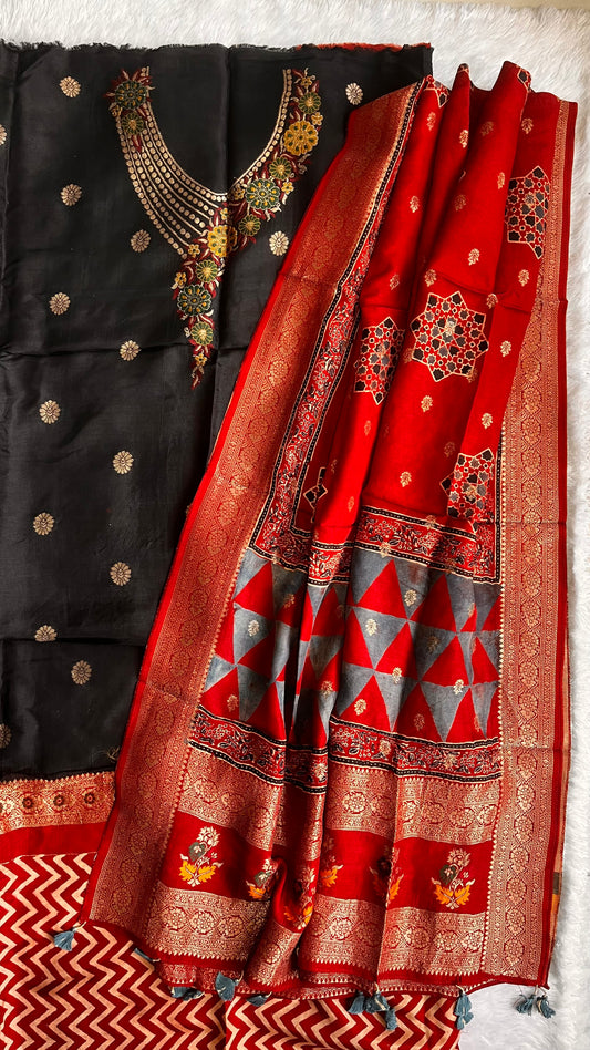 Black and Red Coin Boota Pure Dola Silk Ajrakh Hand Block Print 2pc Suit Material Set with Menakari Yoke and Nakkashi Dupatta