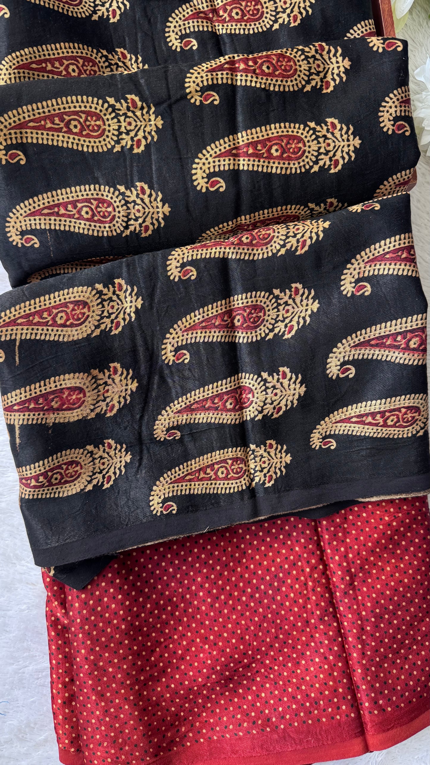 Red and Black Mugal Buti Motif Ajrakh Mashru Silk Kurta Pant Fabric