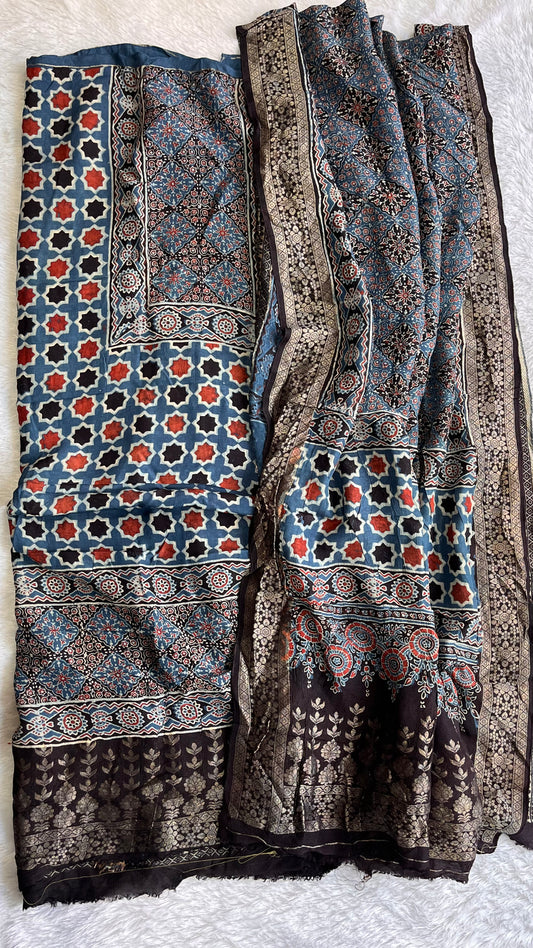 Blue Diamond Motif Dola Silk Ajrakh Natural Dyed Hand Block Print 2pc Suit Material Set with Nakkashi Border