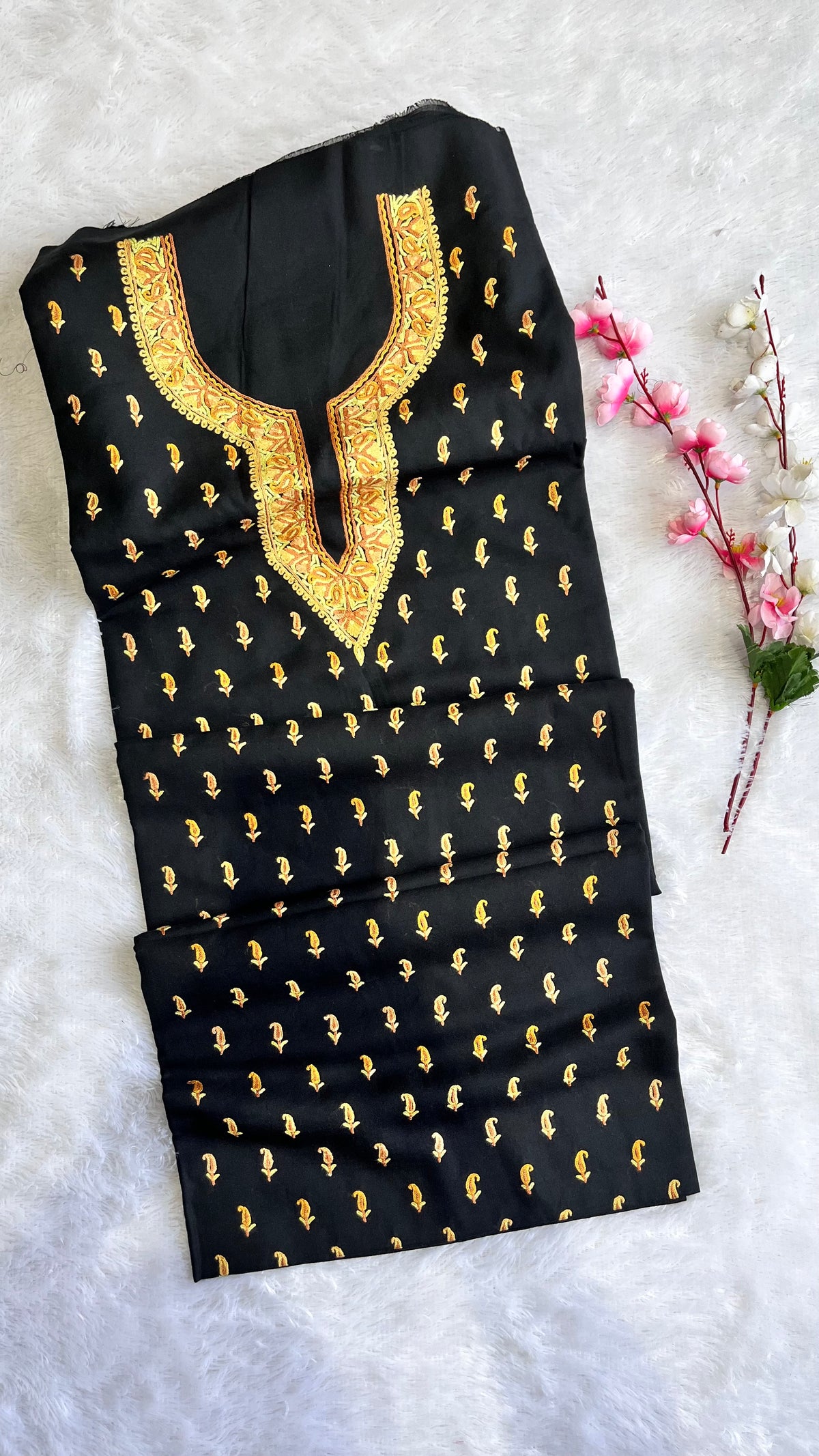 Black with Yellow Small Booti Thread work Pure Cotton Kashmiri Aari Em ...