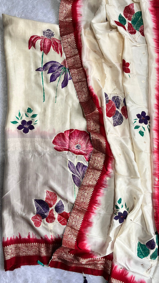 Pearl White Dola Silk Hand Brush Print 2pc Suit Material Set with Zari Pallu and Full Finish with Tassels