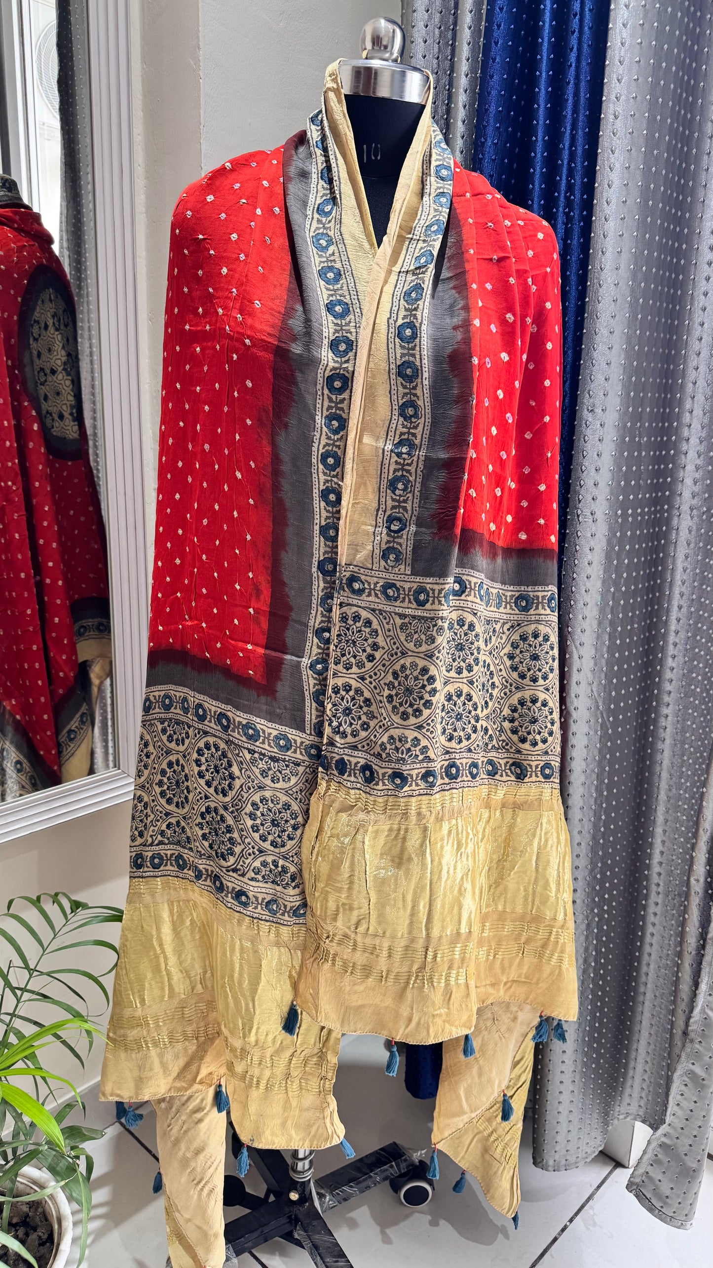 Rust Orange Multi Dotted Modal Silk Bandhani Ajrakh Lagdi Patti Dupatta