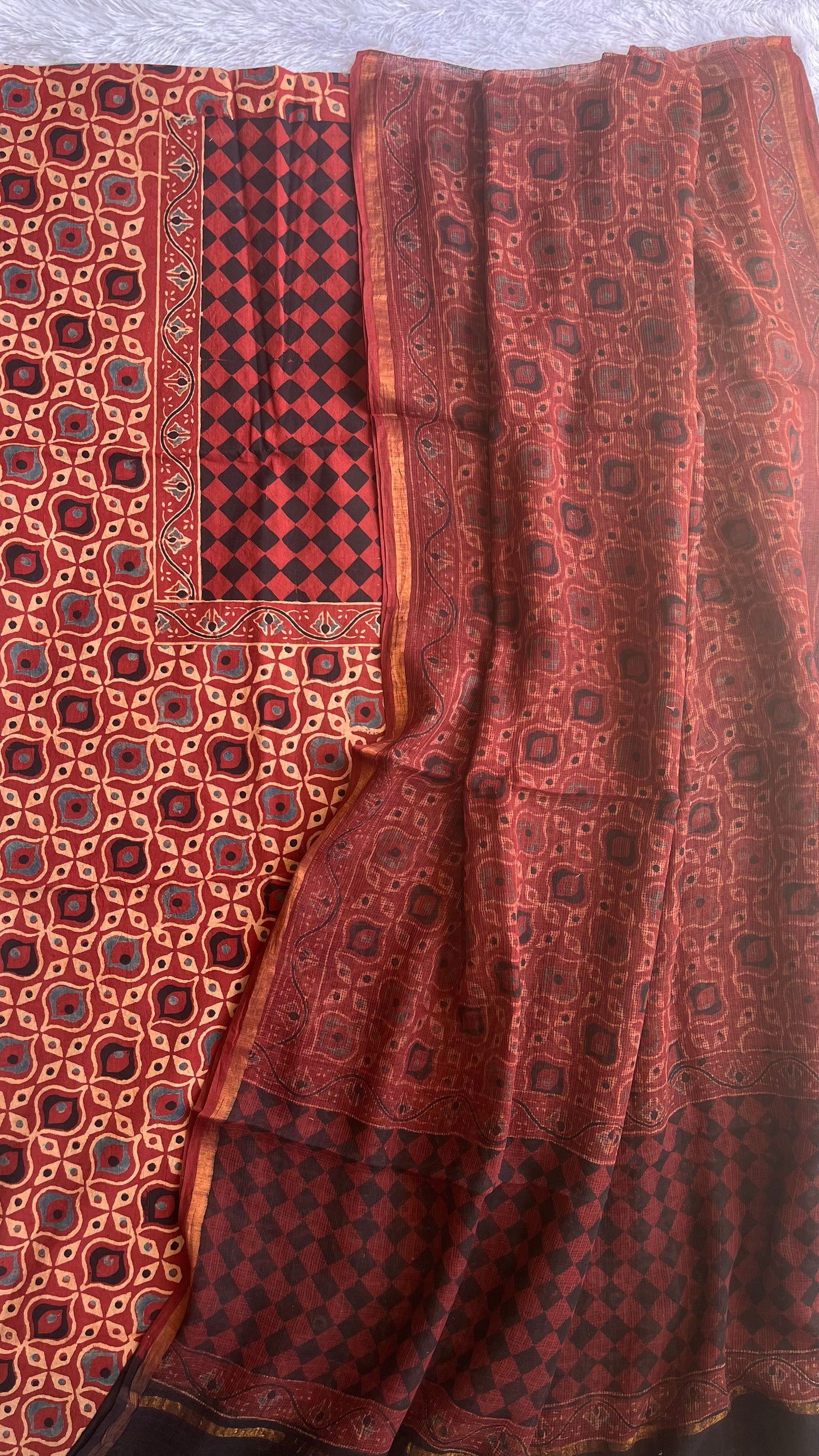 Brick Red Pure Cotton Ajrakh Unstitched Suit Set with Ajrakh Kota Doria Dupatta