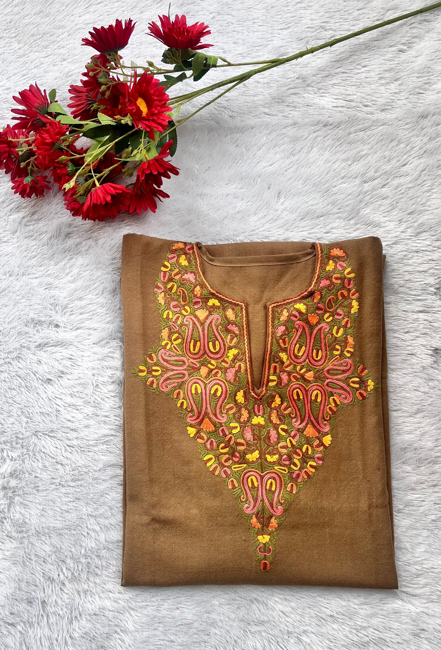 Cheeku Shade Aari Hand Embroidered Marino Wool Pheran with Pockets