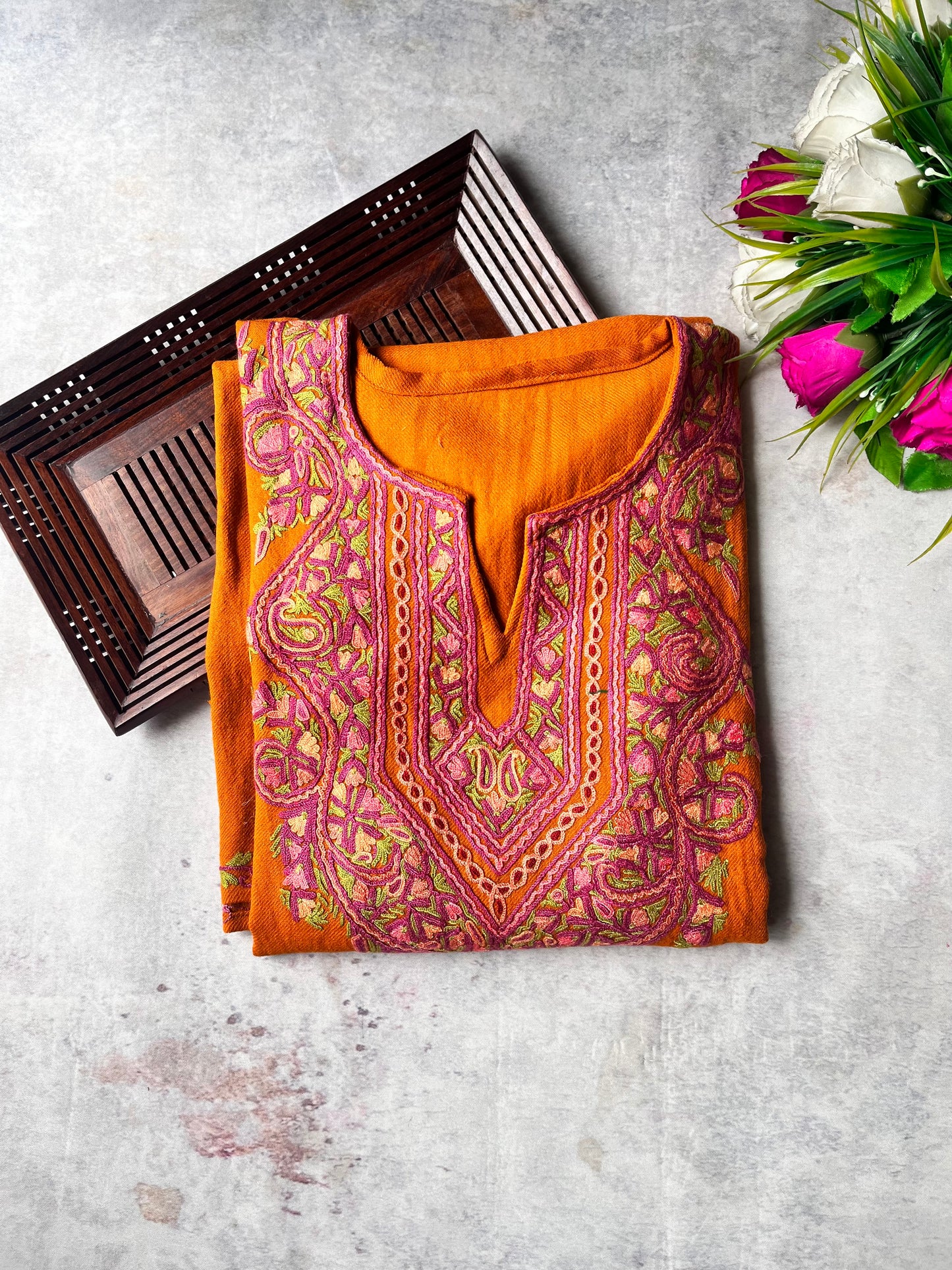 Rust Orange Aari Embroidered Woolen Pheran with Pockets