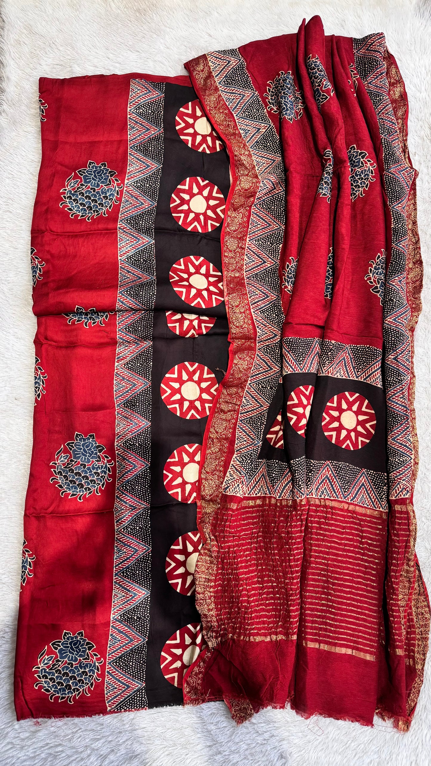 Maddar Red Star Motif Modal Silk Ajrakh Hand Block Print 2pc Suit Material Set with Dola Silk Dupatta