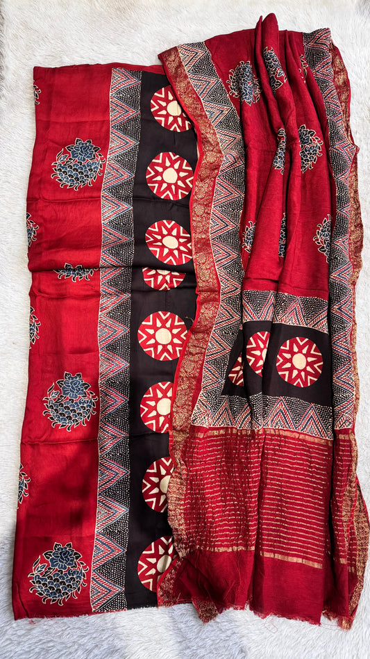 Maddar Red Star Motif Modal Silk Ajrakh Hand Block Print 2pc Suit Material Set with Dola Silk Dupatta