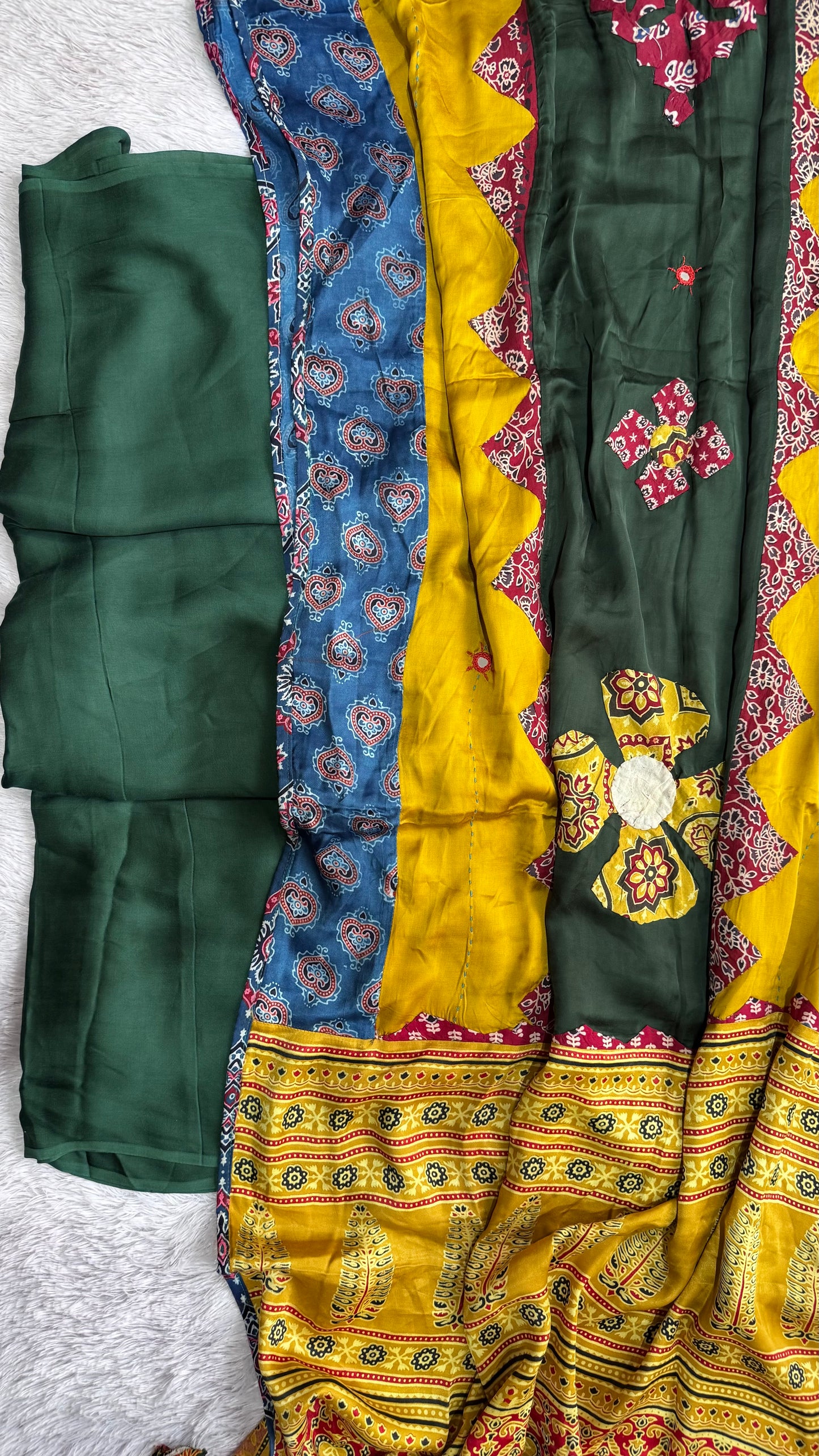 Green Solid Shade Modal Silk 2pc Suit Material Set with Ajrakh Modal Silk Dupatta with Applique and Mirror Work