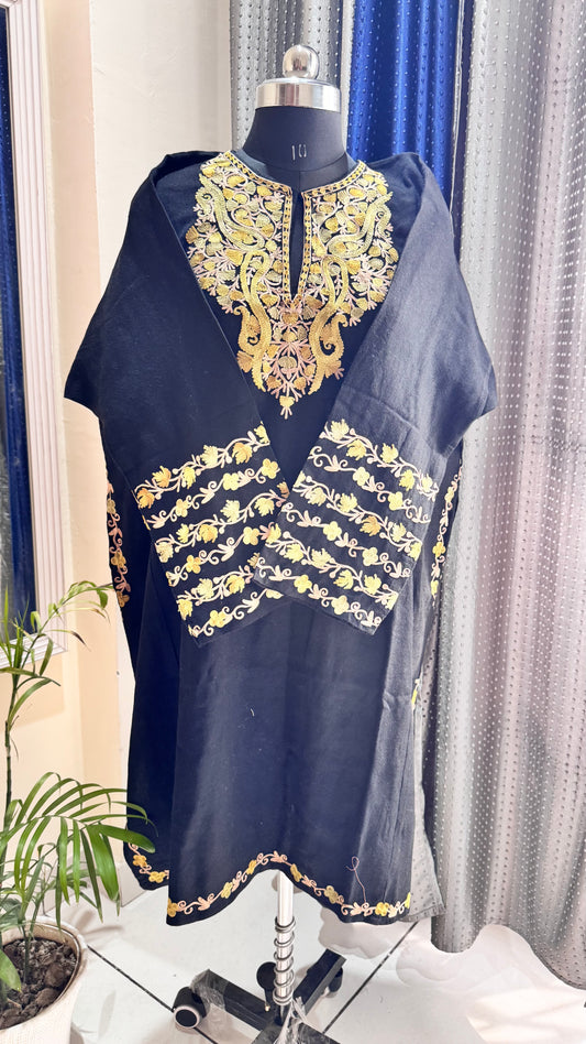 Alluring Black Hand Embroidered Pure Marino Wool Kashmiri Pheran with Pockets and Hand Embroidered Sleeves (Size 56”)
