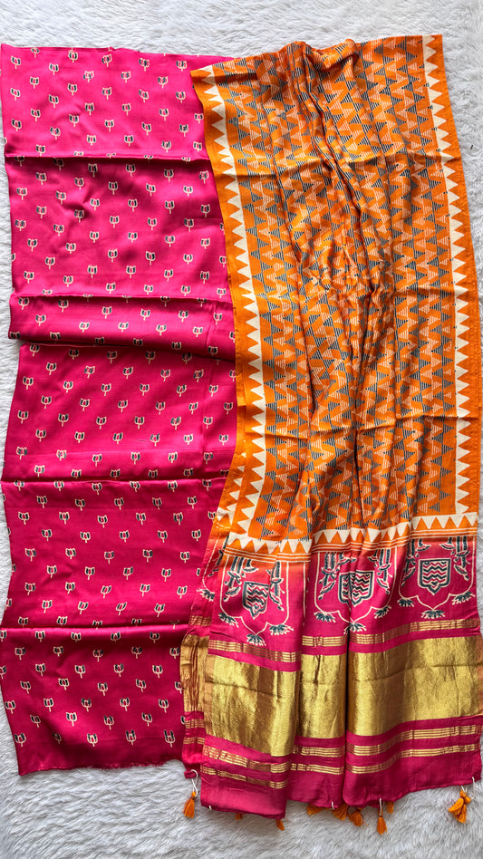 Hot Pink and Orange Buta Print Modal Silk Ajrakh Natural Dyed Hand Block Print 2pc Suit Material Set