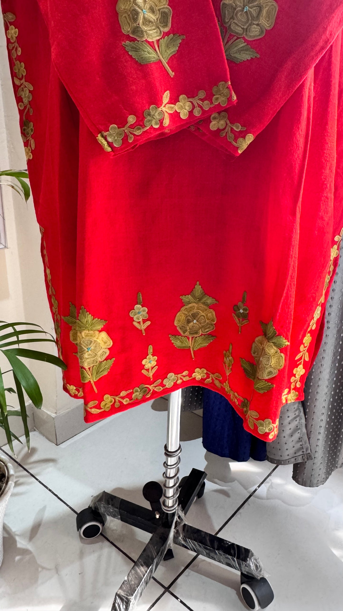 Ravishing Red Hand Embroidered Pure Marino Wool Kashmiri Pheran with Pockets and Hand Embroidered Sleeves (Size 56”)