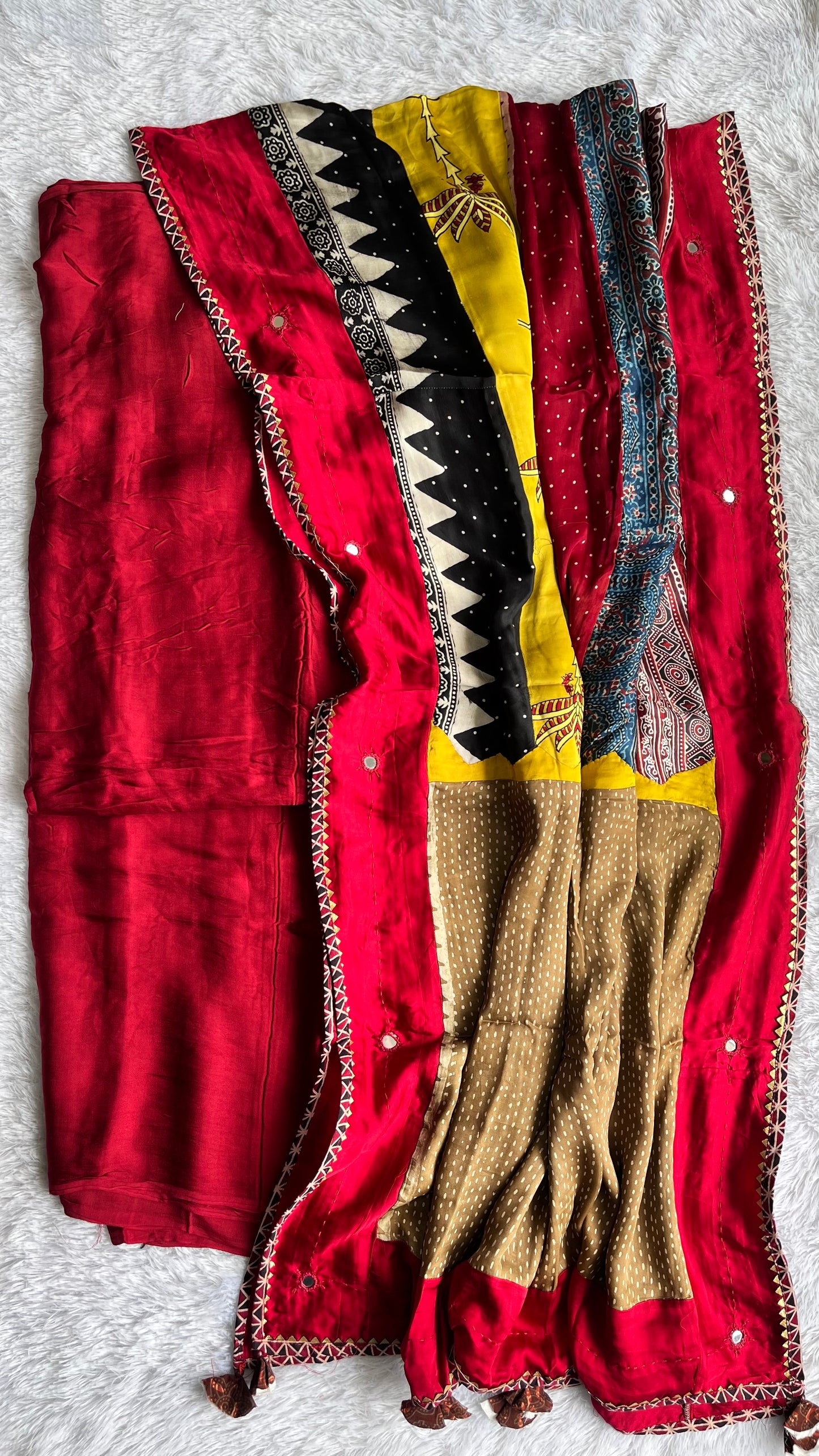 Maroon Solid Shade Multicolour Modal Silk Ajrakh Hand Block Print 2pc Suit Material Set with Applique Work Dupatta