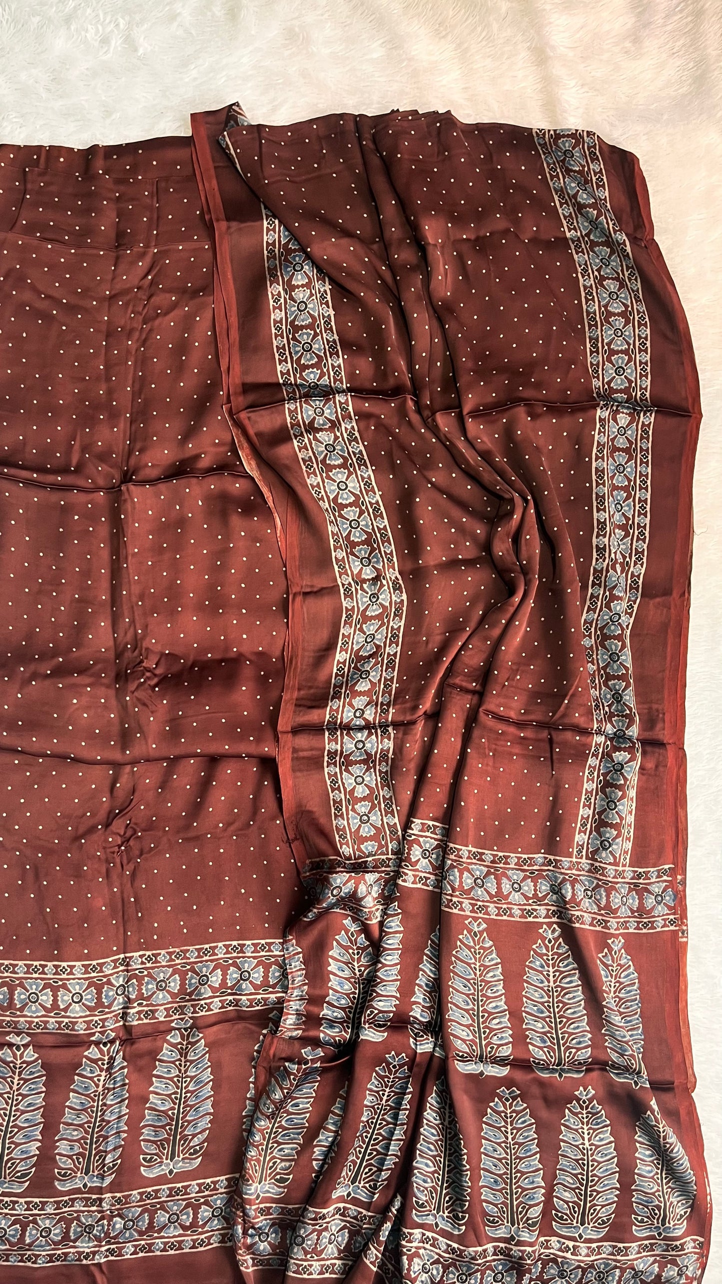 Warm Caramel Polka and Asopallav Motif Ajrakh Hand Block Print Chanderi Silk Suit Material
