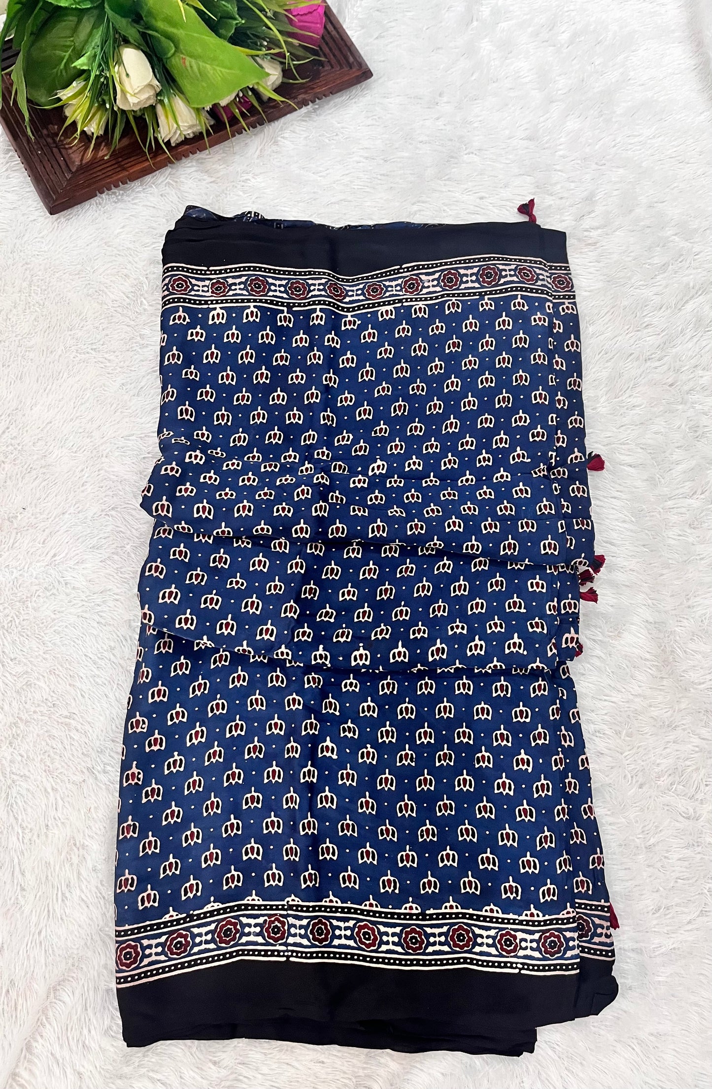 Blue Kamal Buti Motif Ajrakh Hand Block Natural Dye Modal Silk Saree With Blouse