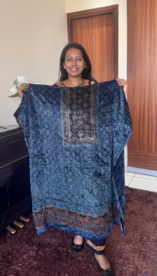 Deep Blue Kamal Buta Velvet Fabric Ajrakh Hand Block Print Designer Unstitched Fabric (Kurta Only)