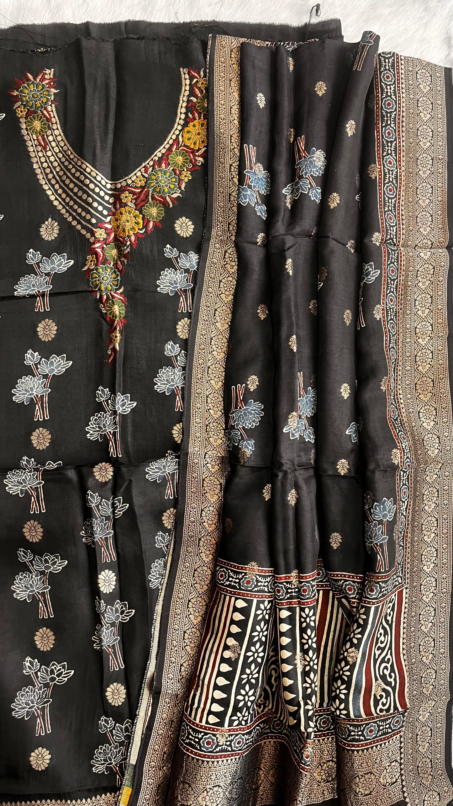 Black Boota Pure Dola Silk Ajrakh Hand Block Print 2pc Suit Material Set with Menakari Yoke and Nakkashi Dupatta