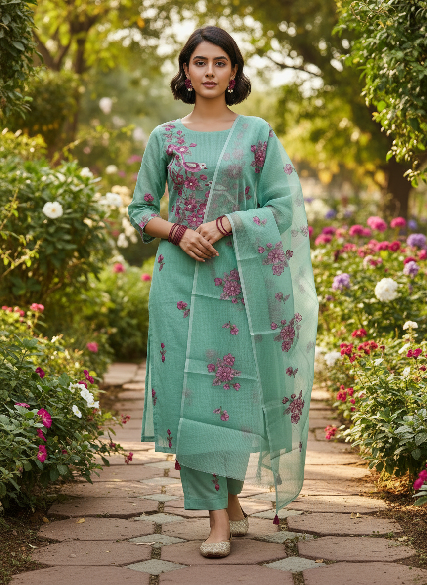 Mint Green Kota-Doria 3 Piece Suit Set with Cross Stitch Embroidery Bird Motif and Kota Doria Dupatta