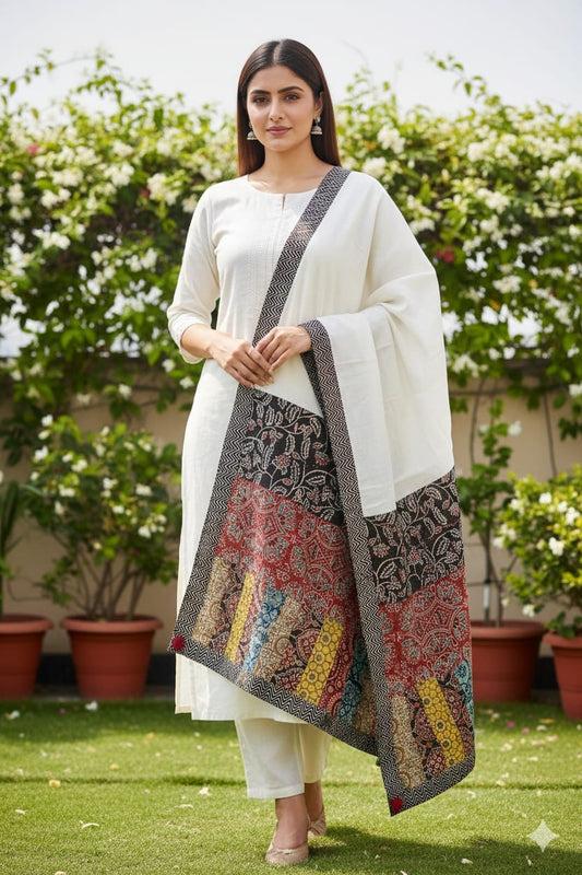 White Ajrakh Patchwork Cotton Stole