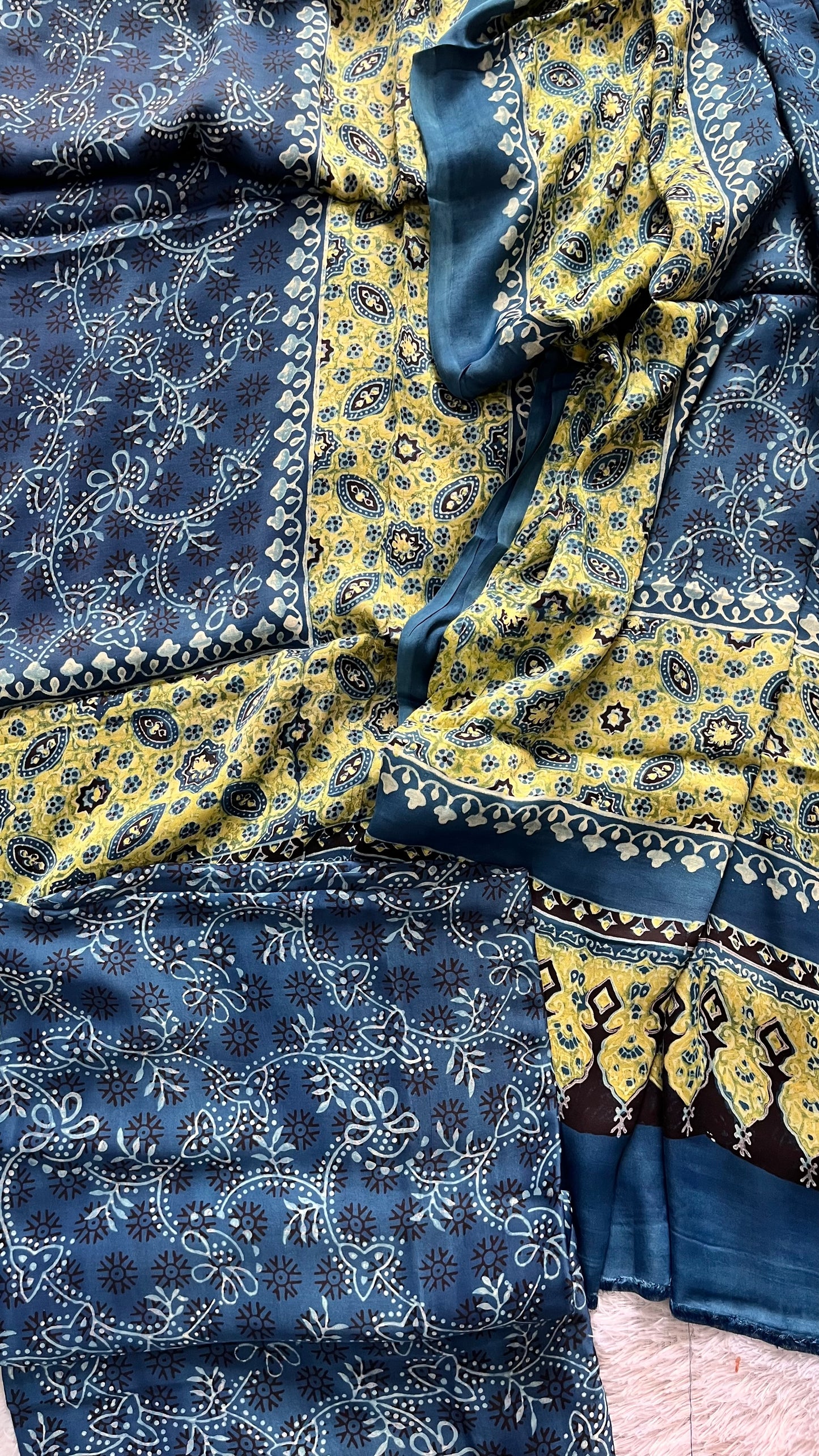 Indigo Small Buti Motif Modal Silk Hand Block Print 3 Piece Suit Material Set