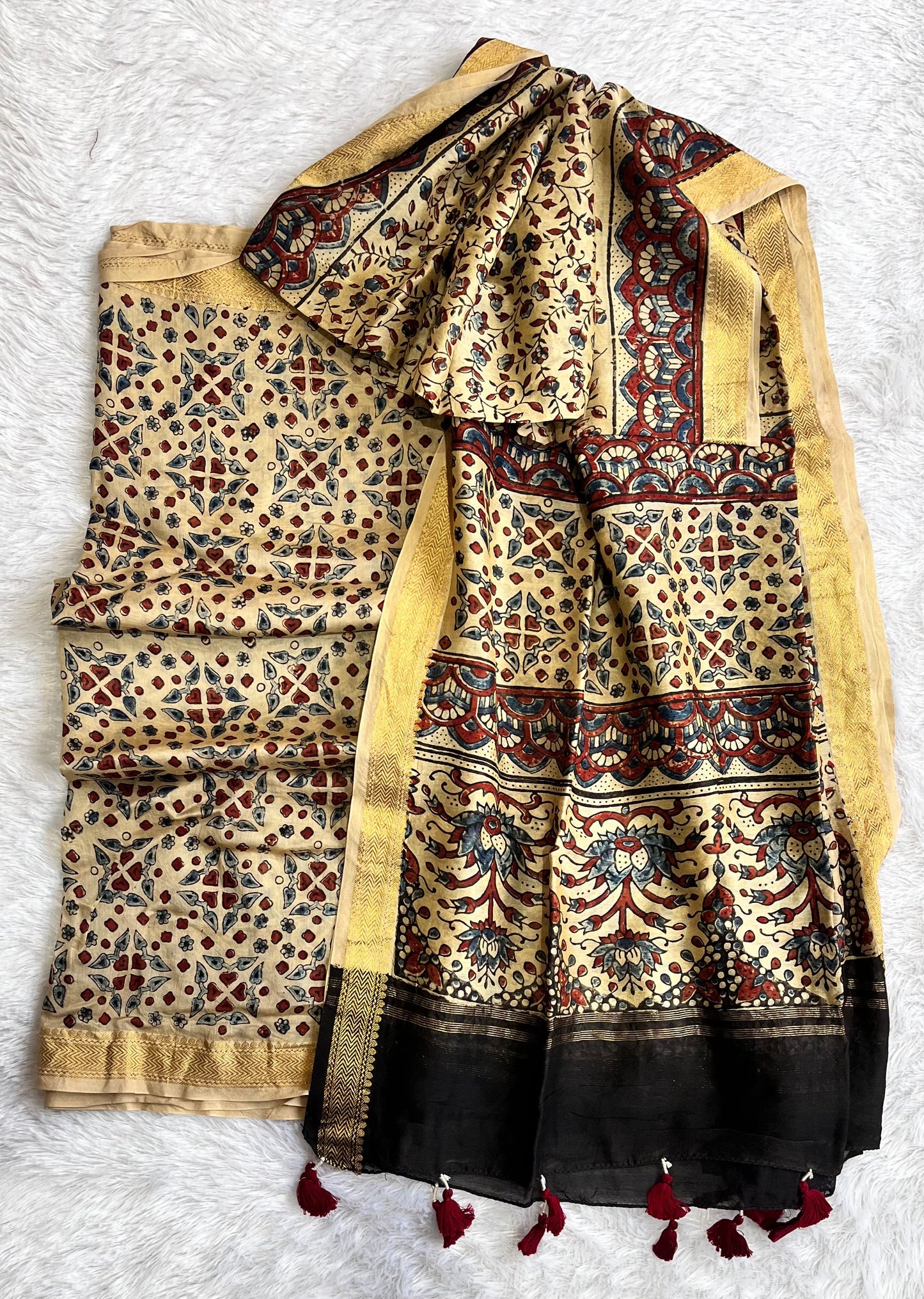 Off White Grid Motif Ajrakh Hand Block Print Chanderi Silk Suit Material