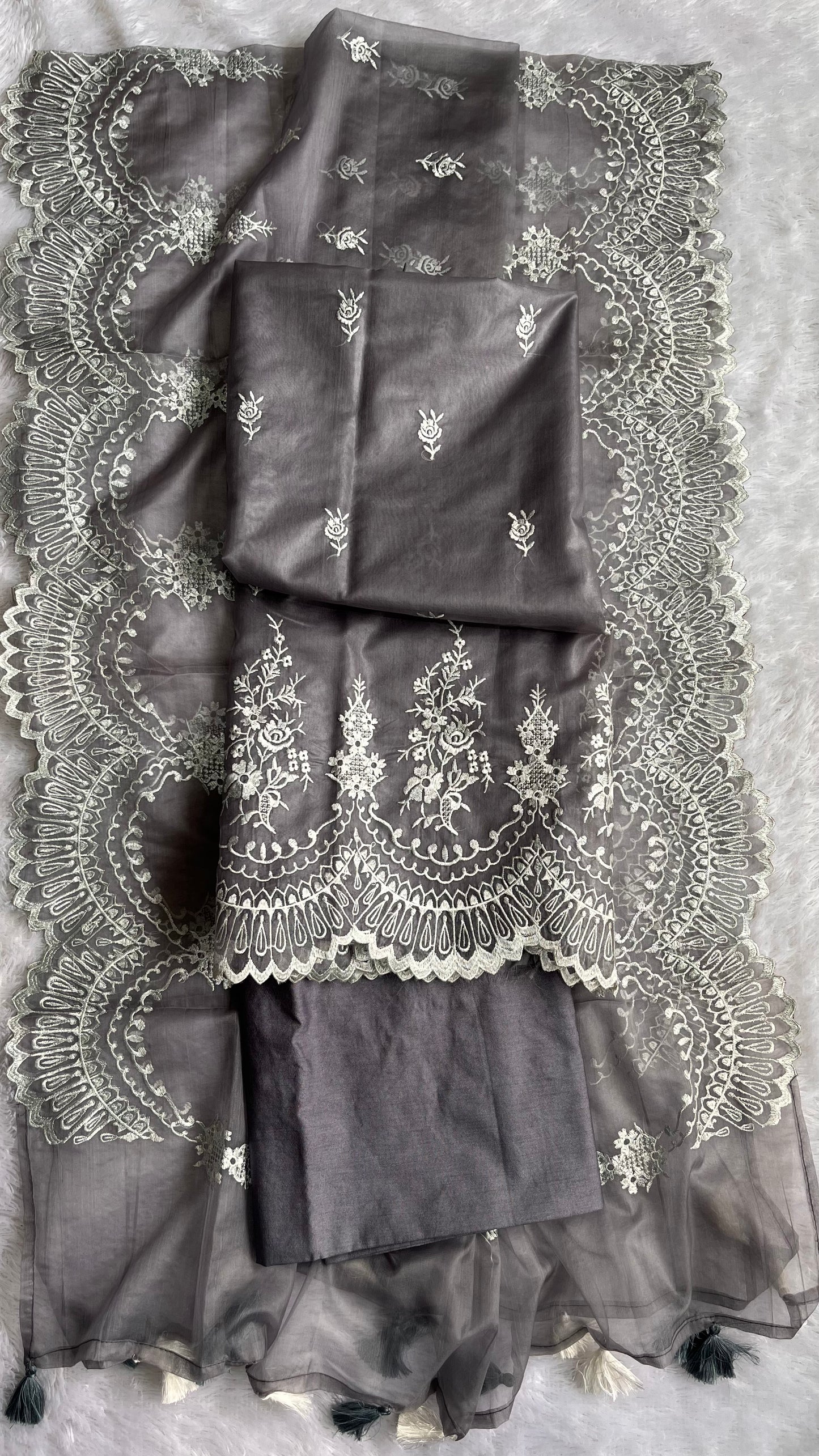 Gracious Grey Shade Banarasi Tissue Silk 3-Piece Suit with Threadwork & Organza Dupatta