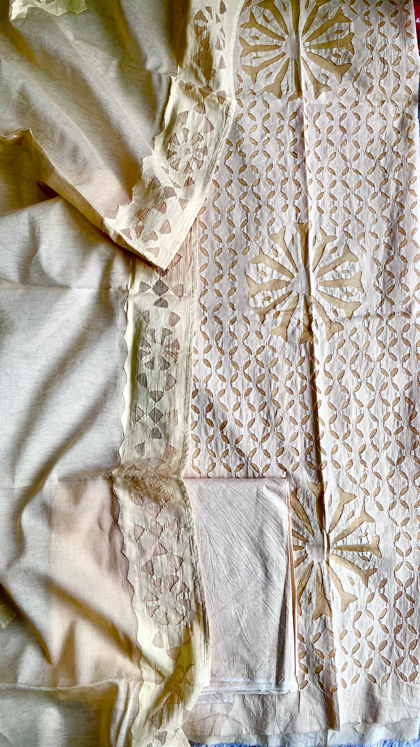 Badaami Shade Barmer Applique Cut Work Cotton 3pc Suit Material Set