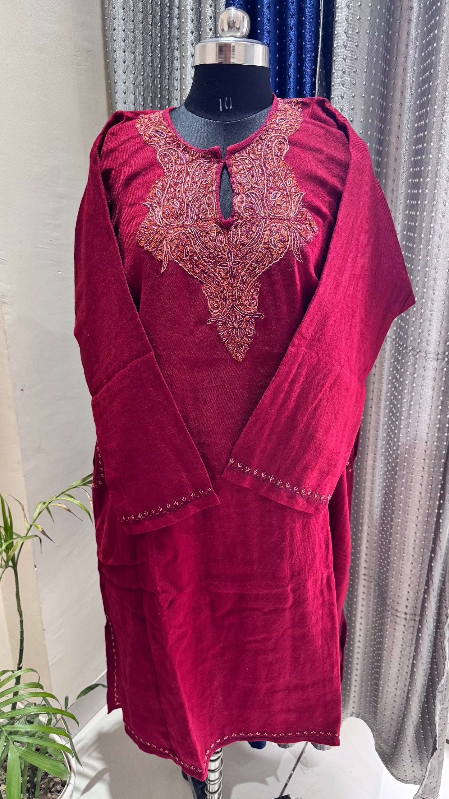 Maroon Sozni Hand Embroidered Pure Marino Wool Kashmiri Pheran with Pockets and Hand Embroidered Sleeves (Size 56”)