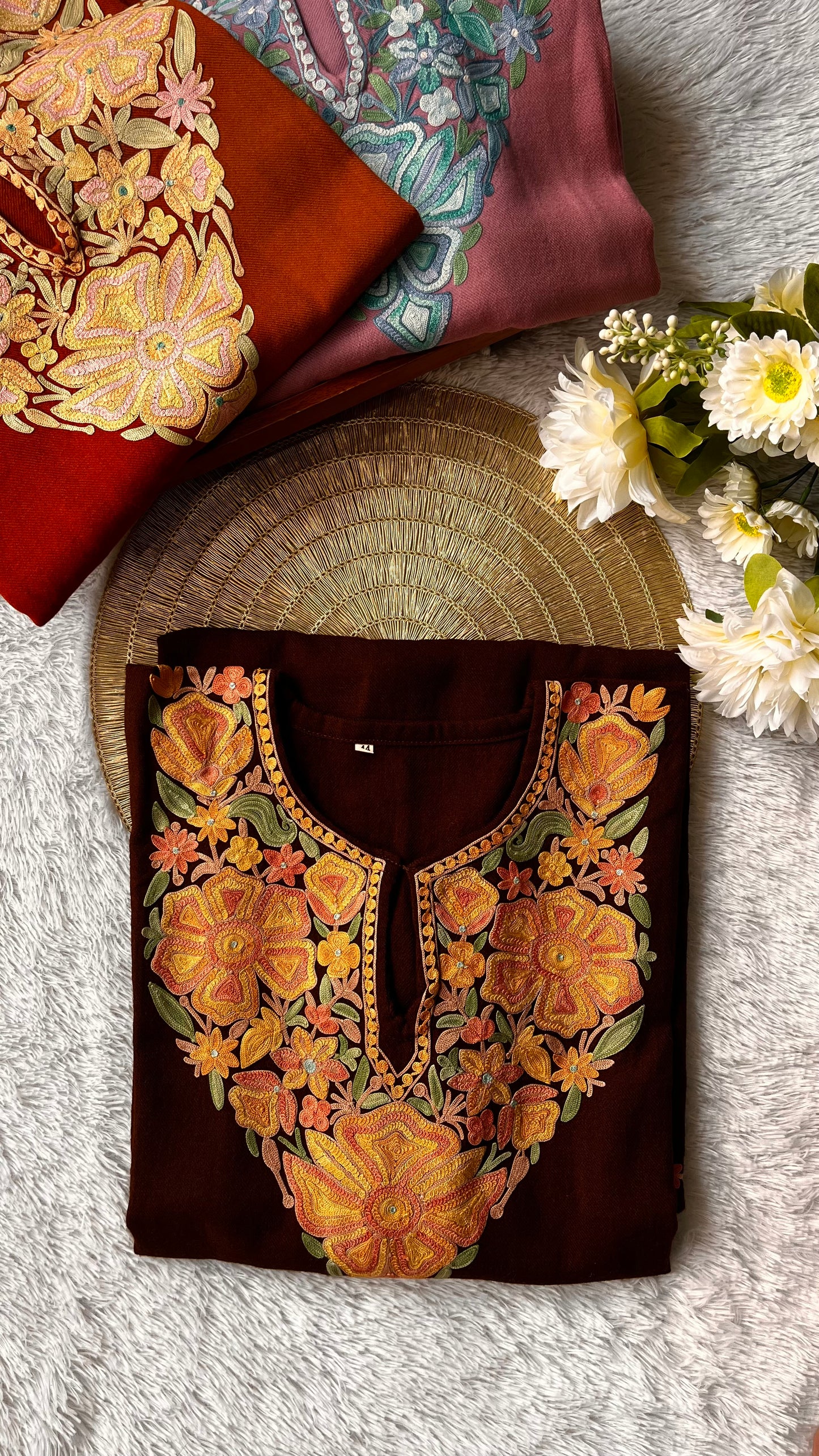 Dark Brown Aari Hand Embroidered Pure Marino Wool Pheran with Pockets