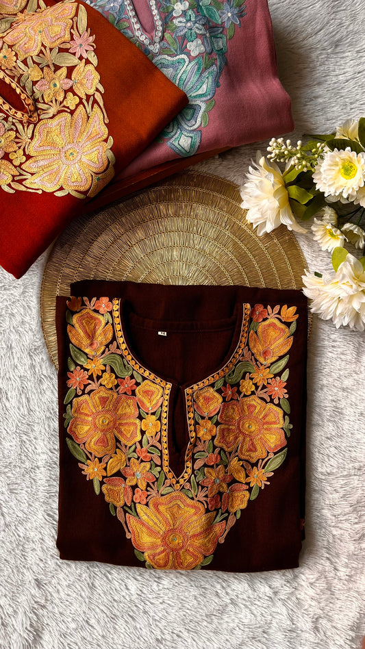 Dark Brown Aari Hand Embroidered Pure Marino Wool Pheran with Pockets