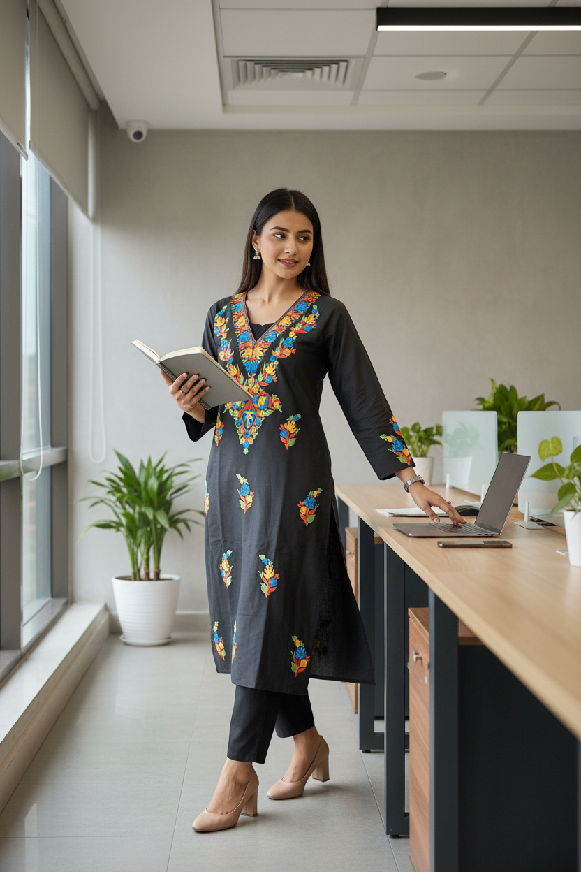 Dark Grey Shade Floral Kashmiri Aari Work V Neck Cotton Kurti