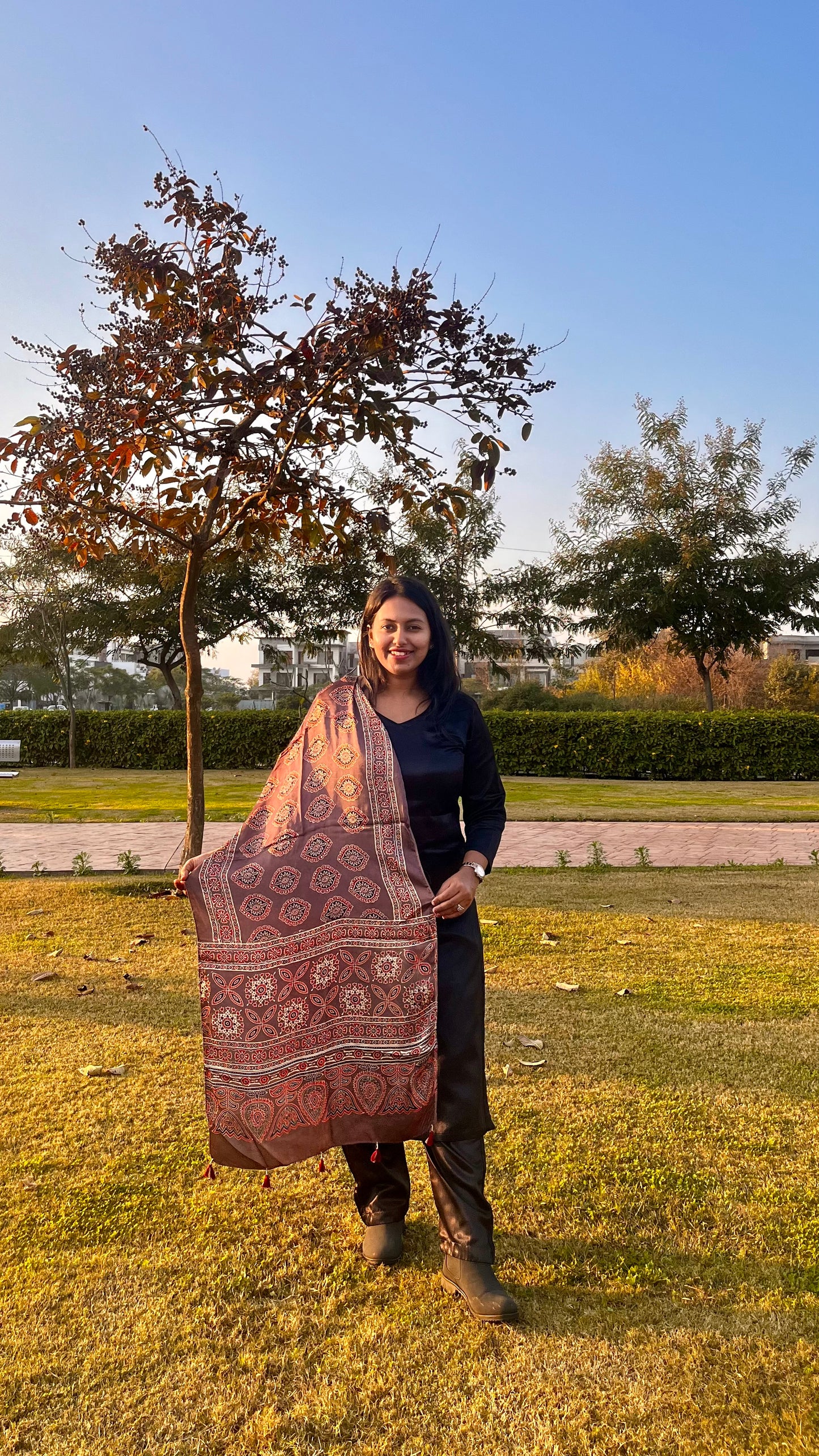 Rasin Shade Ajrakh Hand Block Print Modal Silk Stole with Tassels