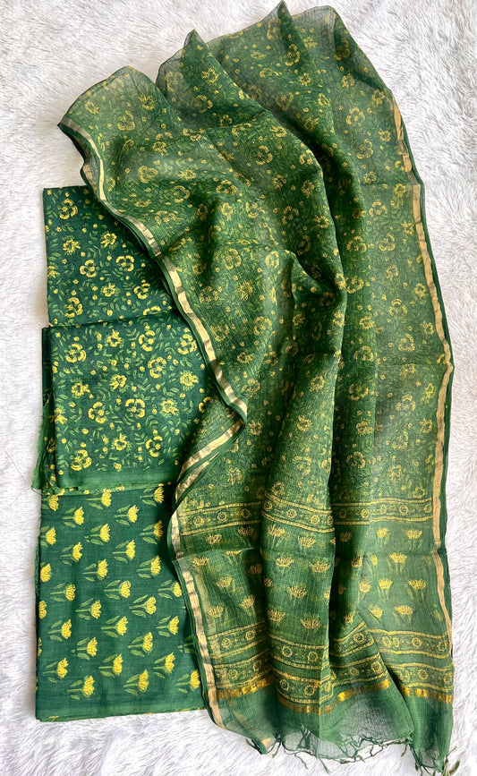 Akola Green and Yellow Small Booti Pure Cotton Suit Set with Kota Doria Dupatta