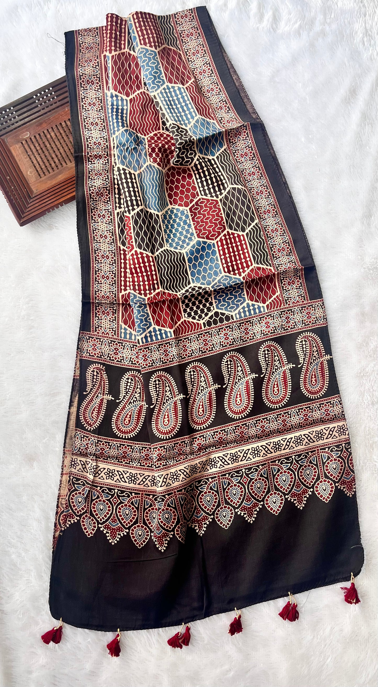 Black and Red Honeycomb Motif Ajrakh Hand Block Print Mashru Silk Stole