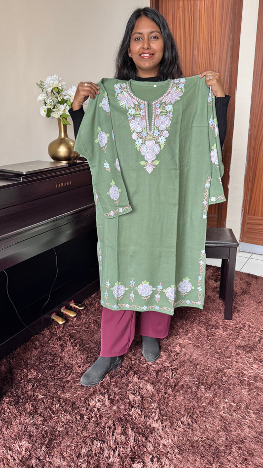 Pista Green Hand Embroidered Pure Marino Wool Kashmiri Pheran with Pockets and Hand Embroidered Sleeves (Size 54”)