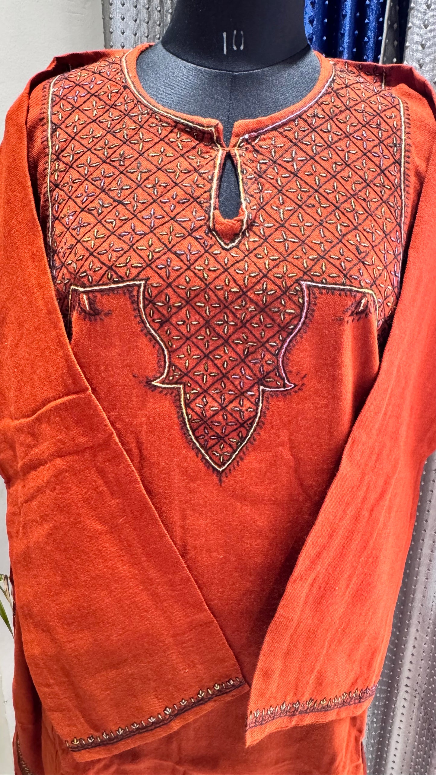 Burnt Orange Hand Embroidered Pure Marino Wool Kashmiri Pheran with Pockets and Hand Embroidered Sleeves (Size 58”)